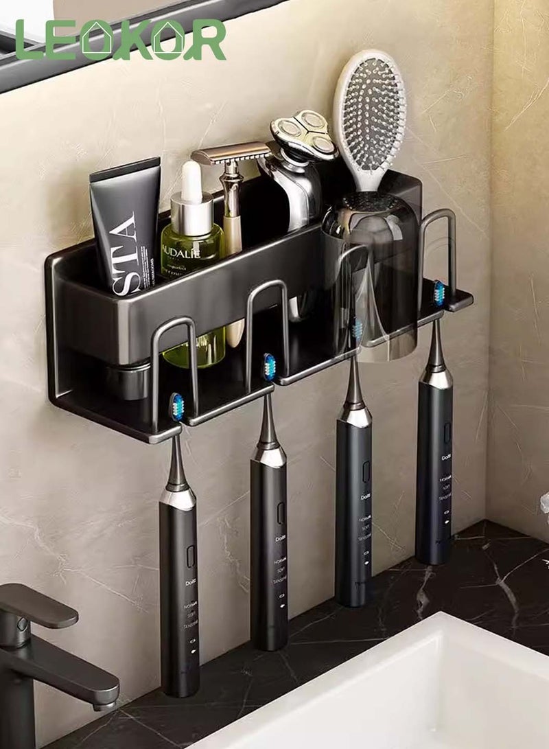 LEOKOR Toothbrush Holder, No Drill Need Stainless Steel Toothbrush Holder, Wall Mounted Multi-Functional Space Saving Toothbrush Organizer with 4 Slots - Image 1