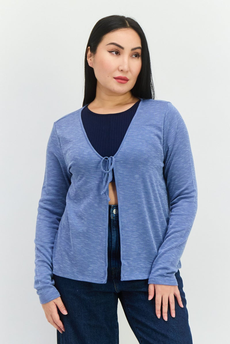 89th + Madison Women Tie Neck Ribbed Cardigan, Blue  - Image 1