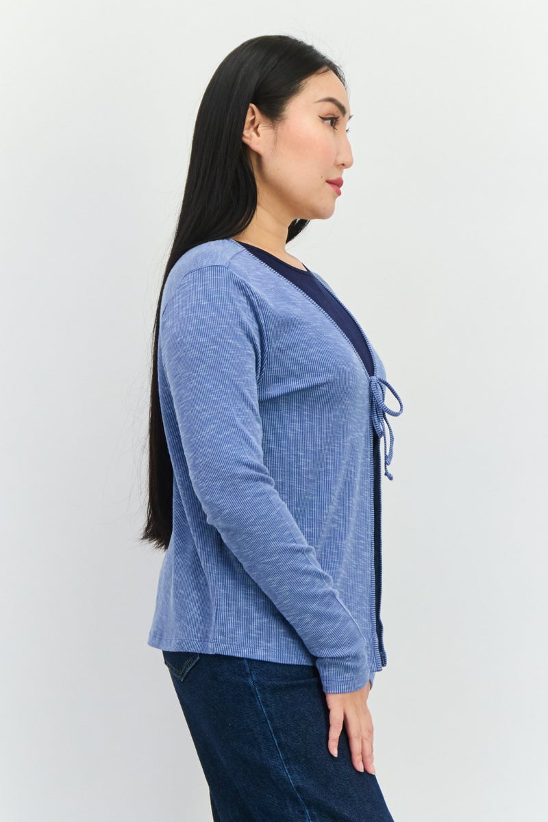 89th + Madison Women Tie Neck Ribbed Cardigan, Blue  - Image 3