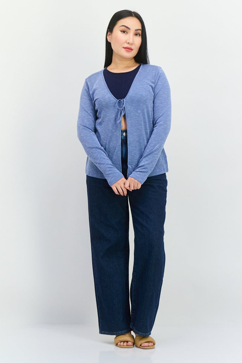89th + Madison Women Tie Neck Ribbed Cardigan, Blue - Image 4