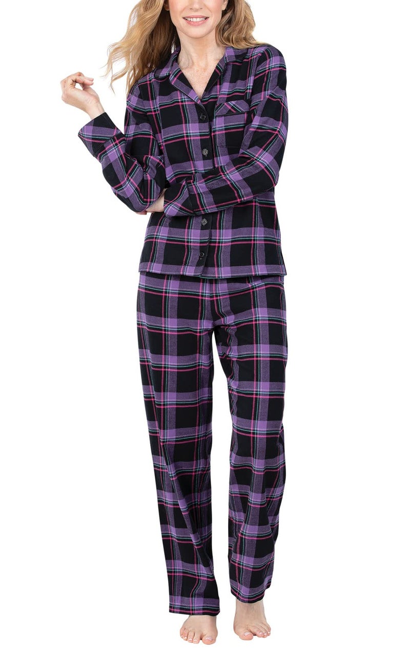PajamaGram Flannel Pajamas Women Pajama Set For Women Black Plaid MD