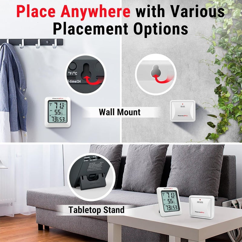 LABART مقياس الرطوبة الرقمي ThermoPro TP-60C لقياس الحرارة والرطوبة داخليًا وخارجيًا، مع مقياس درجة الحرارة، لاسلكي، نطاق 200 قدم/60 متر، أبيض - Image 4