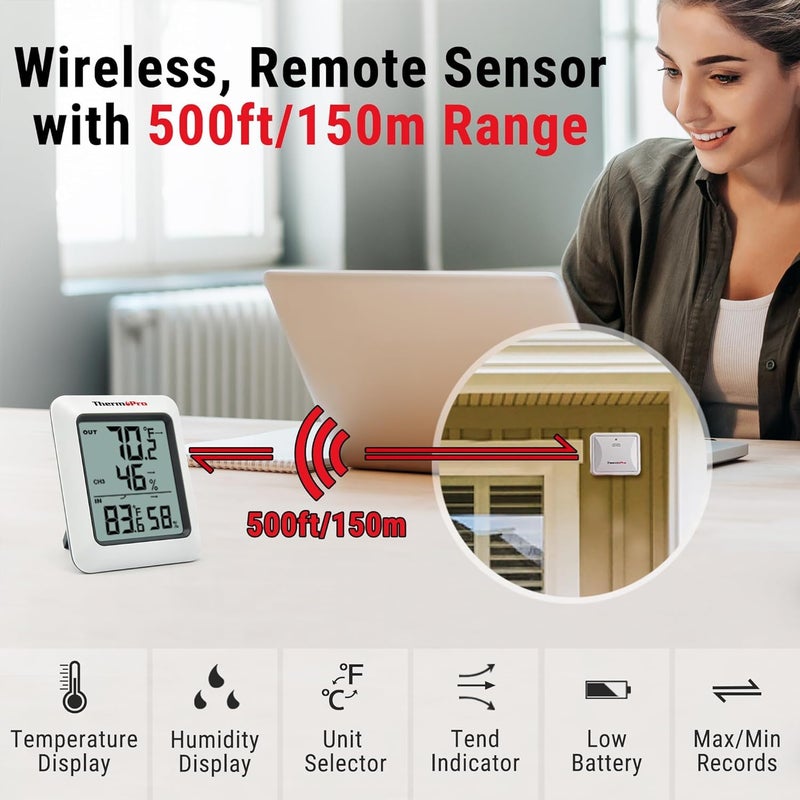 LABART مقياس الرطوبة الرقمي ThermoPro TP-60C لقياس الحرارة والرطوبة داخليًا وخارجيًا، مع مقياس درجة الحرارة، لاسلكي، نطاق 200 قدم/60 متر، أبيض - Image 2