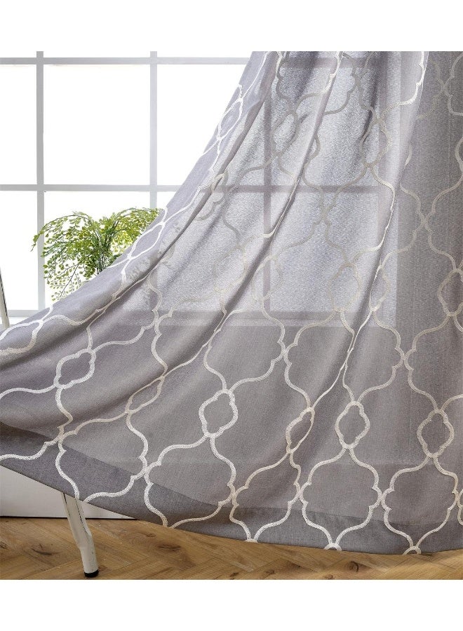 MIUCO Moroccan Embroidery Semi Sheer Curtains Faux Linen Grommet Curtains for Bedroom 52 x 63 Inch 2 Panels Grey - Image 3