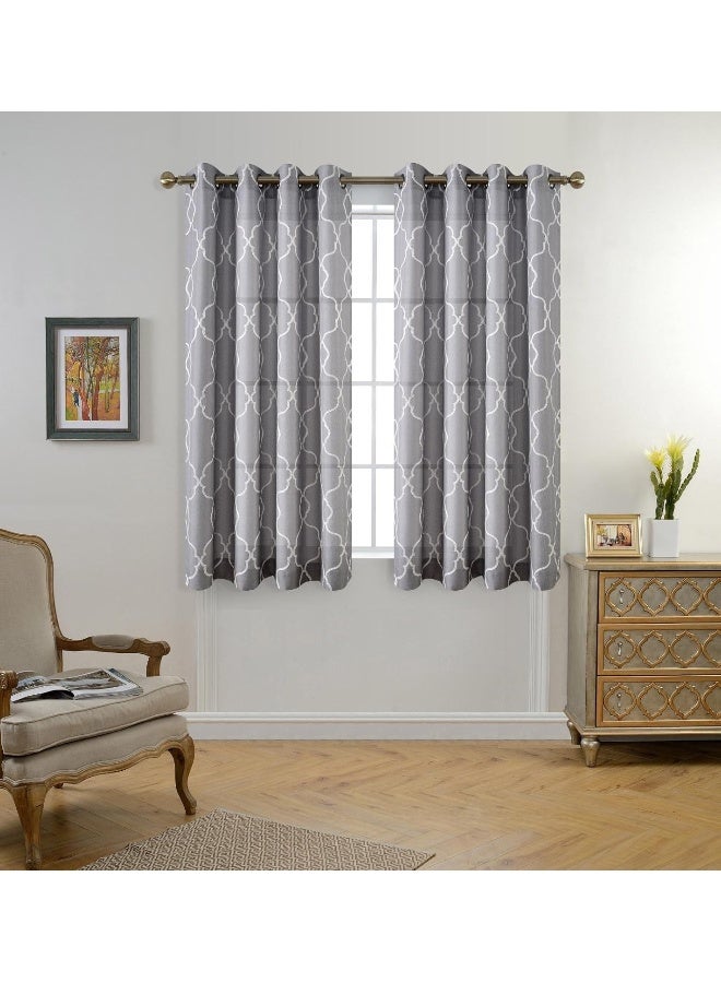 MIUCO Moroccan Embroidery Semi Sheer Curtains Faux Linen Grommet Curtains for Bedroom 52 x 63 Inch 2 Panels Grey - Image 5