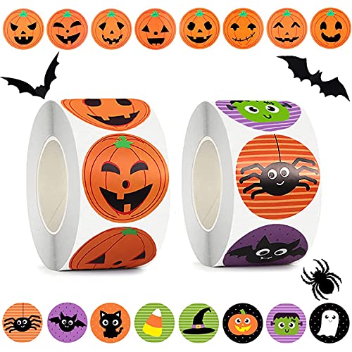 Byhoo Halloween Stickers for Kids 1000 Pcs Byhoo Halloween Pumpkin Bat Spider Stickers Roll 16 Vibrant Colors and Designs Round Seal Label Stickers Envelope Seals Paster for Halloween Party Decorations - Image 1
