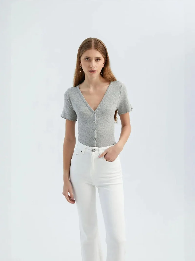 HICCUP Textured V Neck Short Sleeve Top