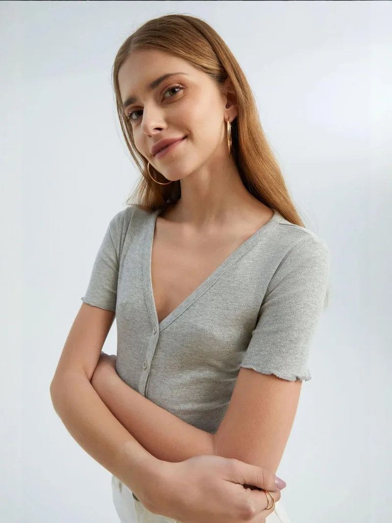 HICCUP Textured V Neck Short Sleeve Top