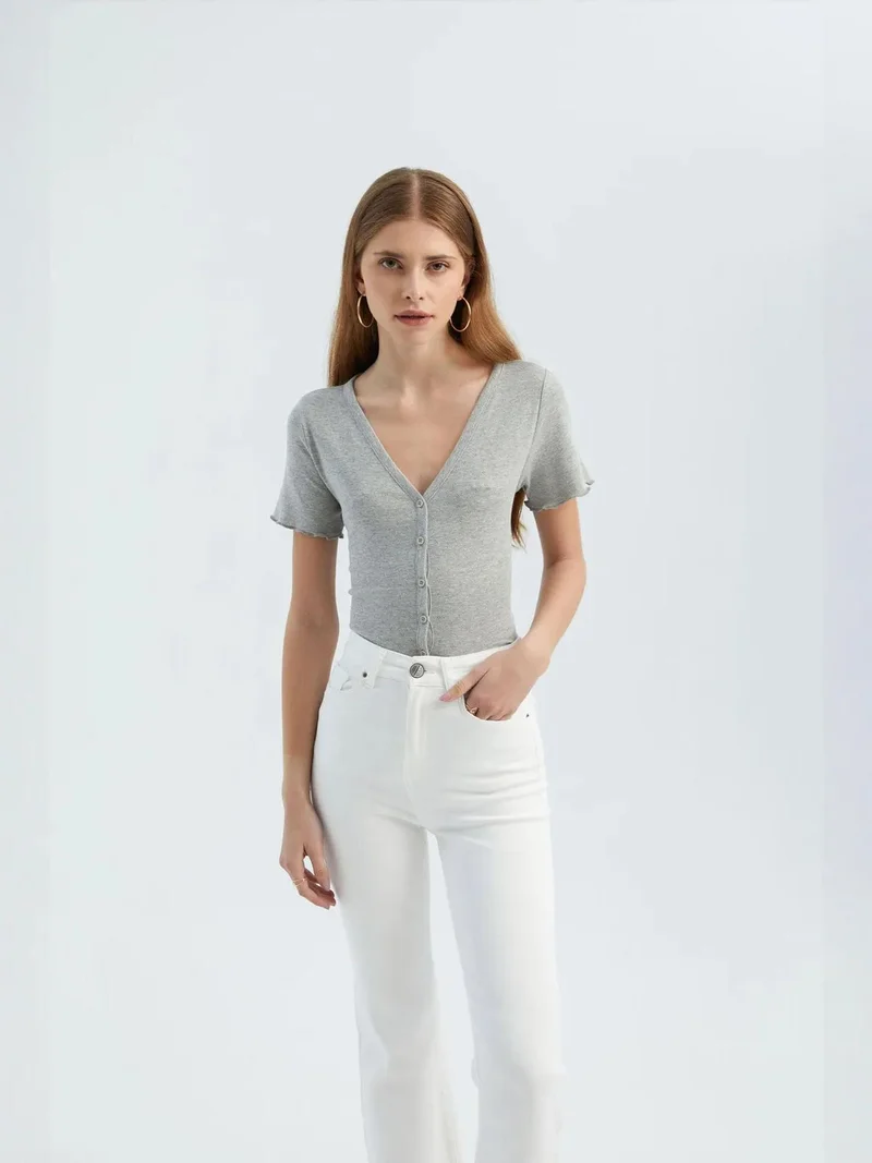 HICCUP Textured V Neck Short Sleeve Top