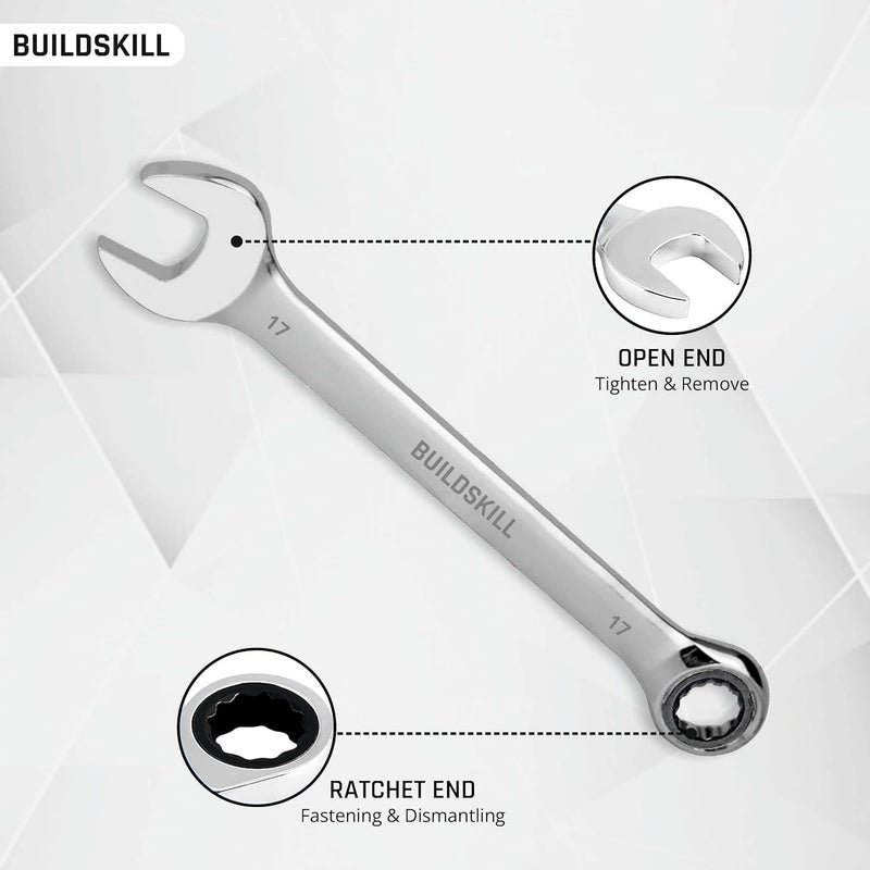BUILDSKILL Cr-V 17mm Ratchet Spanner | Hardened | Rust-Proof | Polished Chrome Wrench with High Torque for Tight Spaces | Durable Wrench & Spanner for Auto & Home Repair - Image 3