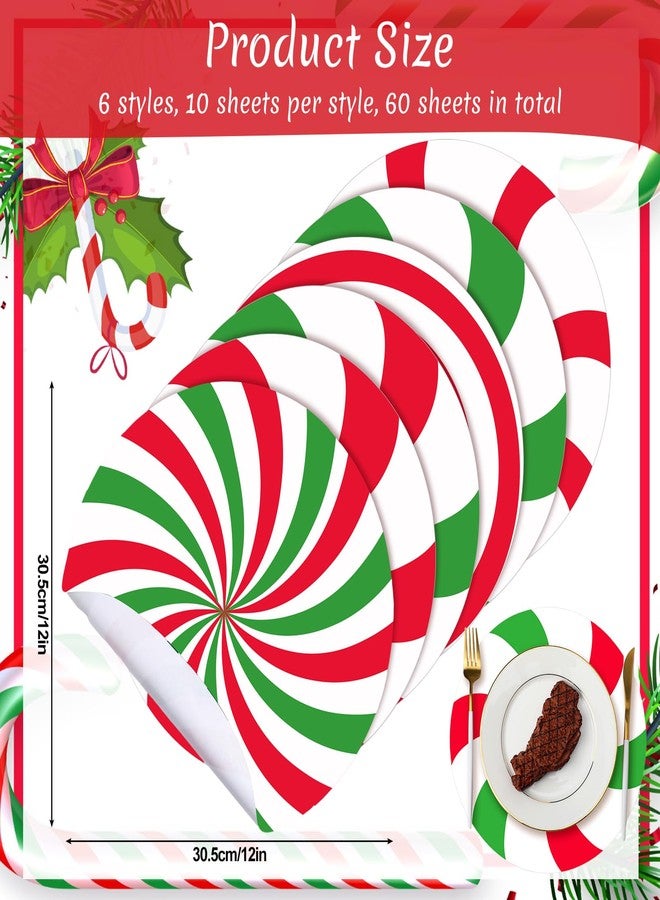 Qilery 60 Pcs Disposable Christmas Candy Placemats 12 Inch Christmas Red Green Sweets Paper Round Placemats Table Mats Candy Canes for Xmas Party Home Decorations Kitchen Dining Table - Image 2