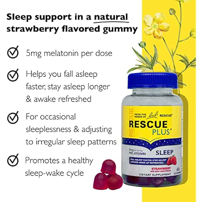 RESCUE Bach RESCUE PLUS Melatonin Sleep Gummies, Natural Strawberry Flavor, Sleep Aid, Dietary Supplement, Vegan, Gluten-Free, No Artificial Flavors, Colors, 60 Count - Image 2
