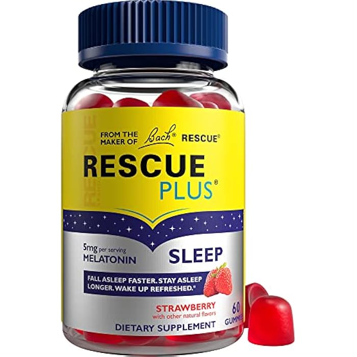 RESCUE Bach RESCUE PLUS Melatonin Sleep Gummies, Natural Strawberry Flavor, Sleep Aid, Dietary Supplement, Vegan, Gluten-Free, No Artificial Flavors, Colors, 60 Count - Image 1
