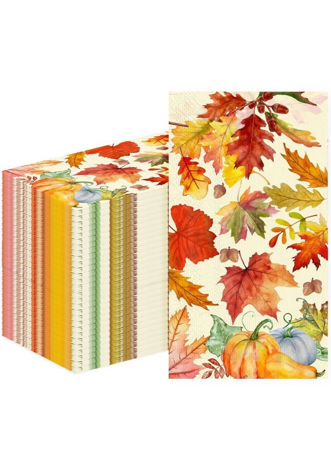 Tbsone Fall and Thanksgiving Paper Napkins Disposable: Guest Dinner Hand Towels, Cocktail Party Decorations, Autumn Maple Leaves and Pumpkin Pattern (4.3x7.9 Inches, 100, Count) - Image 1