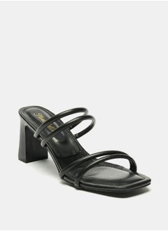 Solid Square Toe Slip On Strap Sandals with Block Heels