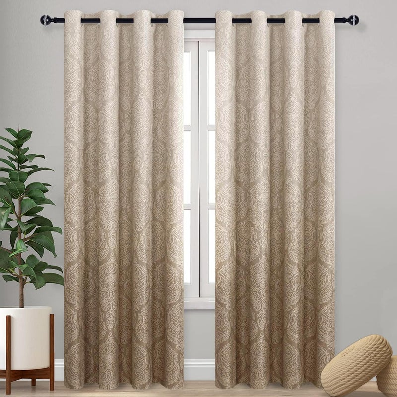 DWCN Ombre Blackout Curtains for Bedroom - Damask Patterned Thermal Insulated Energy Saving Grommet Curtains for Living Room, Set of 2 Gradient Window Curtain Panels, 52 x 84 Inches Long, Taupe - Image 1