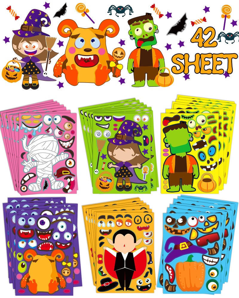 Greingways 42 Sheets Halloween Party Favors Stickers for Kids, Halloween Crafts Make Your Own Halloween Stickers, Halloween Goodie Bag Fillers Toys Gifts Halloween Activities Games for Kids Party - Image 1