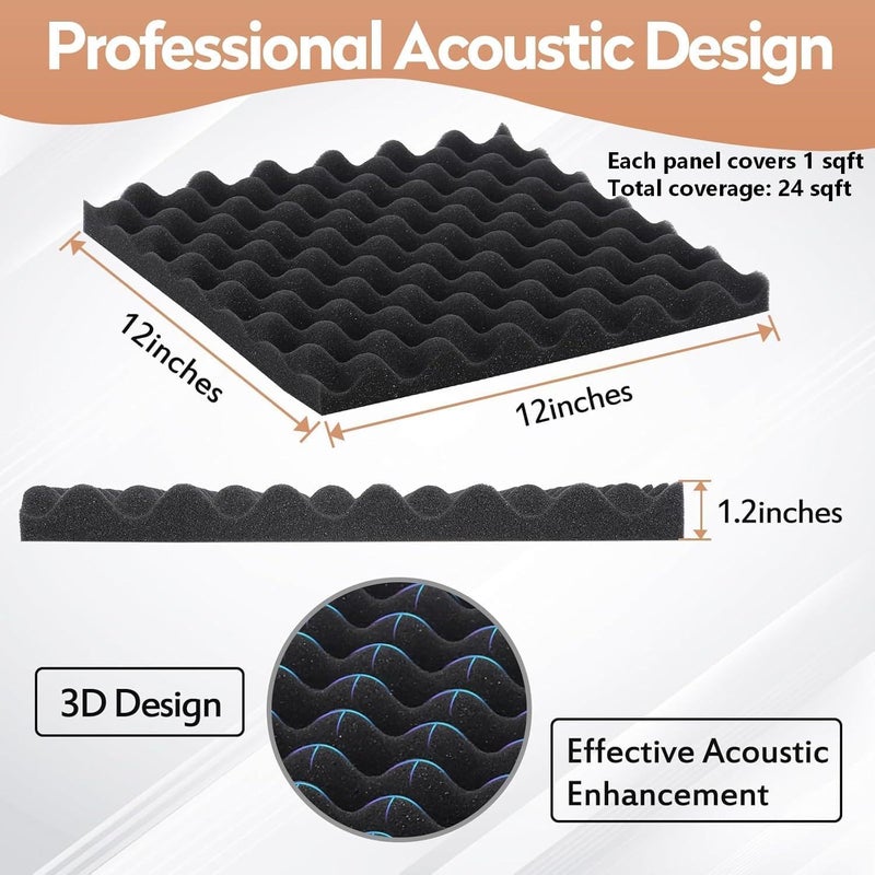 SD SODOCT 24 Pack Acoustic Panels, 12x12x1.2 Inches Egg Crate Acoustic Foam Panels, Sound Proof Foam Panels Noise Reducing for Walls and Ceiling, Acoustic Wall Panels Sound Absorbing, Soundproof Wall Panels - Image 5