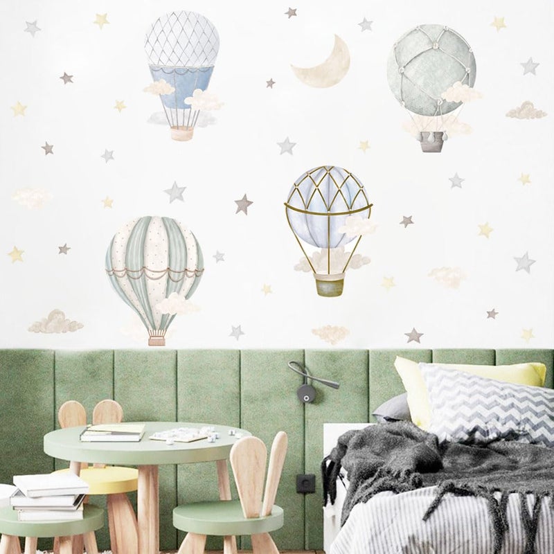 YIMEHDAN Watercolor Hot Air Balloon Wall Decals Stars Clouds Balloon Vinyl Wall Stickers Peel and Stick Colorful Artwork for Nursery Bedroom Toddler Room Playroom Decor