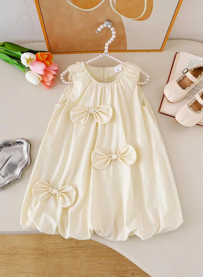 تايك تو Girls Beige Sleeveless Dress with Bows