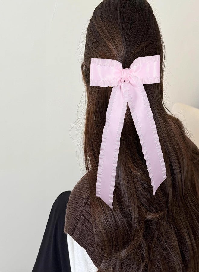 Miroksh 1pc Light Pink 5.5in Satin Ruffle Tassel Hair Bow Clips, Big Bowknot Alligator Clips with Long Tail, Stylish Ponytail Holder Hair Accessories for Women Girls - Image 5