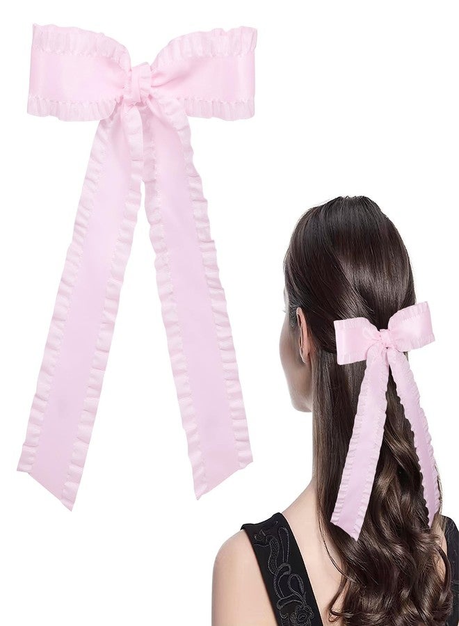 Miroksh 1pc Light Pink 5.5in Satin Ruffle Tassel Hair Bow Clips, Big Bowknot Alligator Clips with Long Tail, Stylish Ponytail Holder Hair Accessories for Women Girls - Image 1
