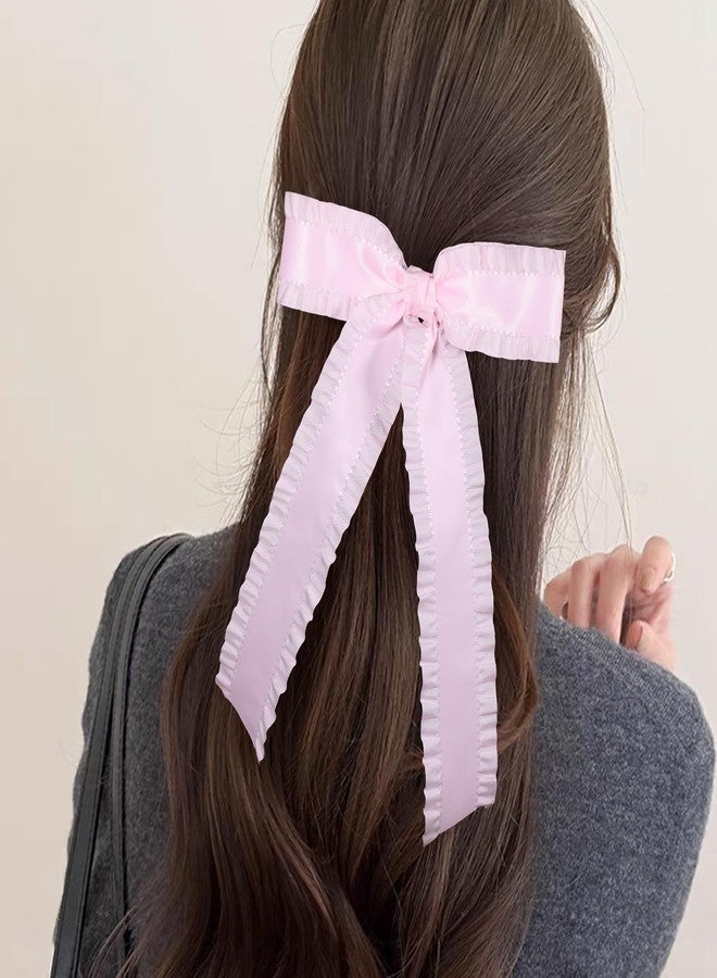 Miroksh 1pc Light Pink 5.5in Satin Ruffle Tassel Hair Bow Clips, Big Bowknot Alligator Clips with Long Tail, Stylish Ponytail Holder Hair Accessories for Women Girls - Image 4