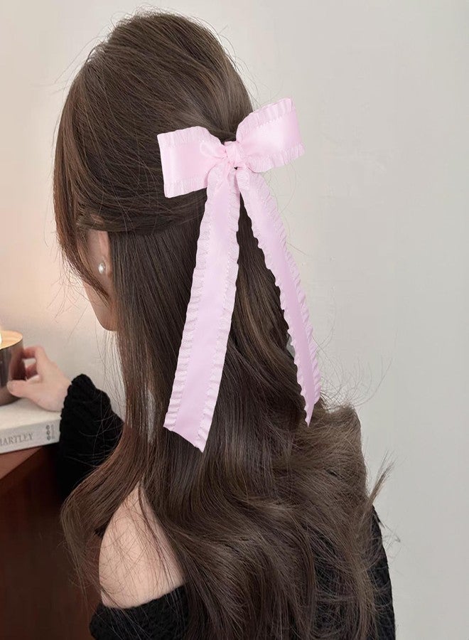 Miroksh 1pc Light Pink 5.5in Satin Ruffle Tassel Hair Bow Clips, Big Bowknot Alligator Clips with Long Tail, Stylish Ponytail Holder Hair Accessories for Women Girls - Image 3