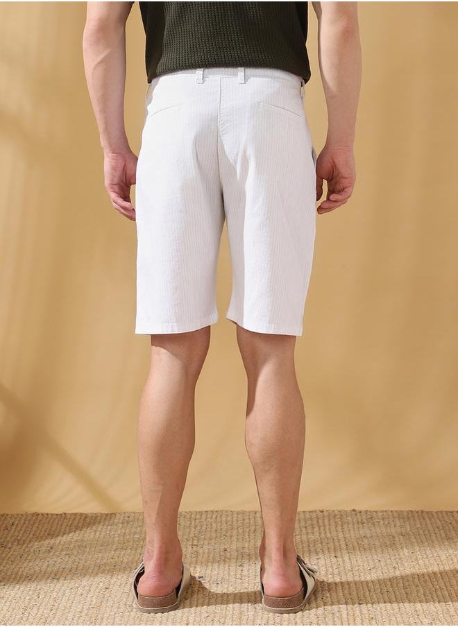 Dennis Lingo - Regular Fit Stripes White 100% cotton slub Mid rise Waist Knee Length Length Woven Weave Bermuda for Men with Button/Zip Closure -a timeless essential for modern wardrobes. - Image 1