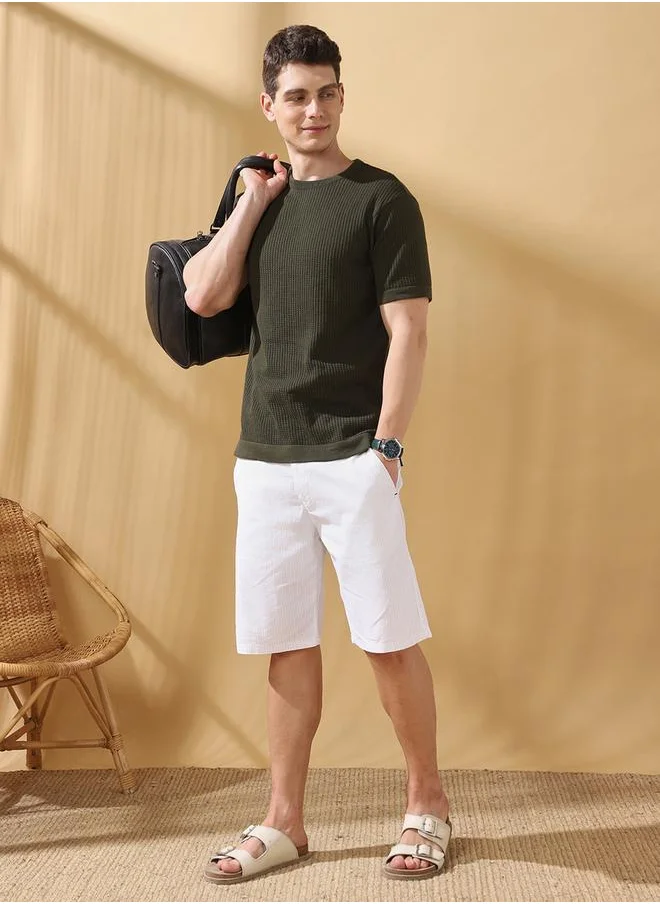 Dennis Lingo Regular Fit Stripes White 100% cotton slub Mid rise Waist Knee Length Length Woven Weave Bermuda for Men with Button/Zip Closure -a timeless essential for modern wardrobes.
