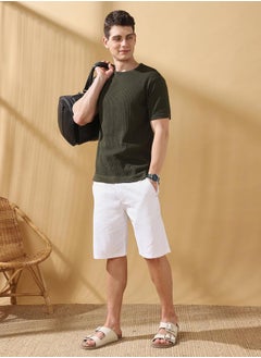 Dennis Lingo Regular Fit Stripes White 100% cotton slub Mid rise Waist Knee Length Length Woven Weave Bermuda for Men with Button/Zip Closure -a timeless essential for modern wardrobes.  - Image 1