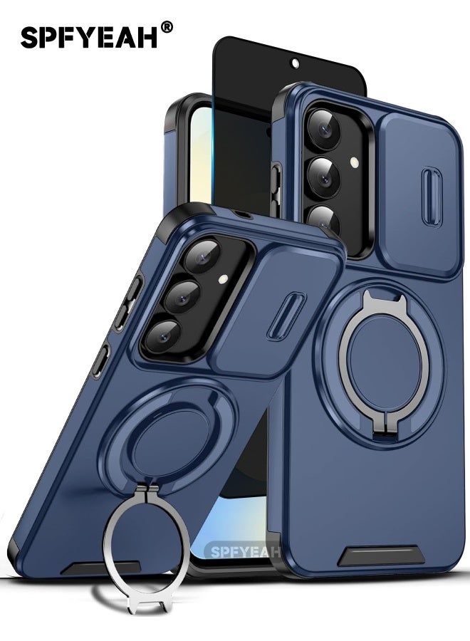 SPFYEAH [2-in-1] Samsung Galaxy S25 FE Case with Privacy Screen Protector, Slide Camera Cover, Built-in 360° Rotate Round Ring Kickstand, Heavy Duty Shockproof Back Cover for Samsung Galaxy S25 FE 6.7 inch (Blue, 1+1 Pack) - Image 1