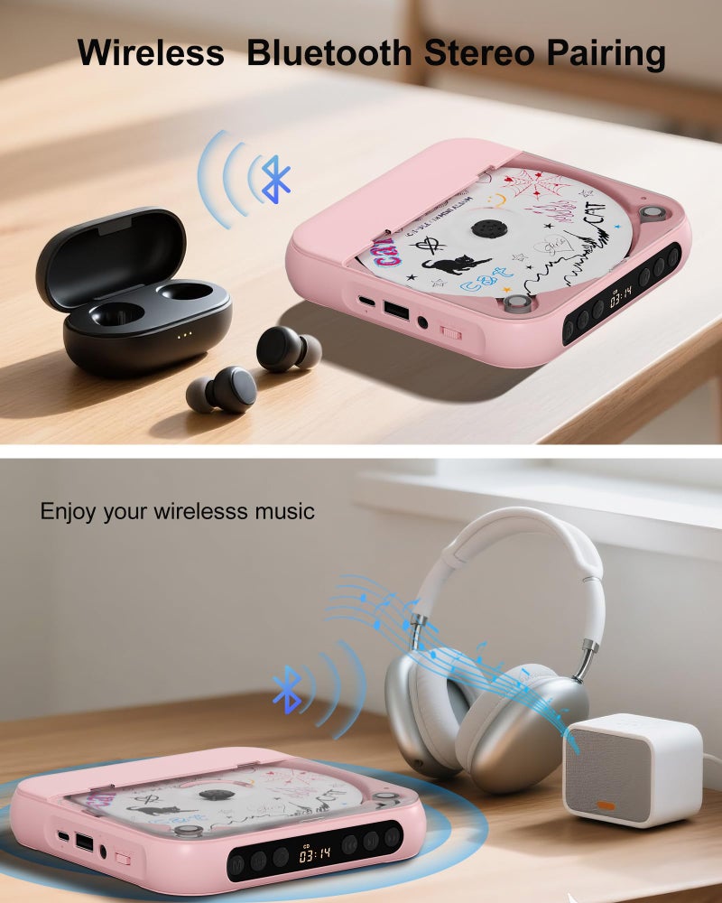 ENVYCLOUD CD Player Portable with Dual Stereo Speakers, Rechargeable Portable CD Player with Bluetooth for Home with Headphones, Support CD/AUX/USB,Pink - Image 3