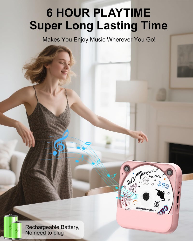 ENVYCLOUD CD Player Portable with Dual Stereo Speakers, Rechargeable Portable CD Player with Bluetooth for Home with Headphones, Support CD/AUX/USB,Pink - Image 2