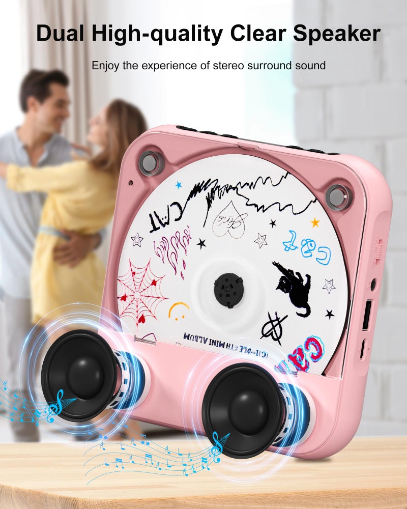 ENVYCLOUD CD Player Portable with Dual Stereo Speakers, Rechargeable Portable CD Player with Bluetooth for Home with Headphones, Support CD/AUX/USB,Pink - Image 5