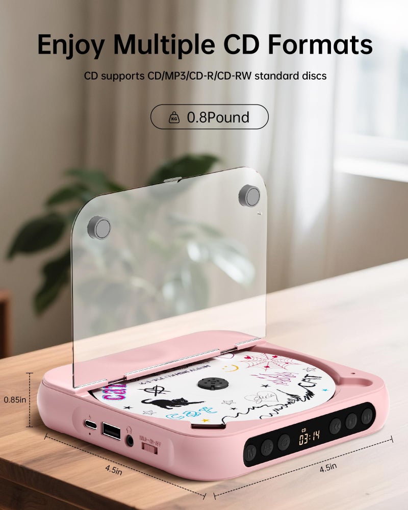 ENVYCLOUD CD Player Portable with Dual Stereo Speakers, Rechargeable Portable CD Player with Bluetooth for Home with Headphones, Support CD/AUX/USB,Pink - Image 4