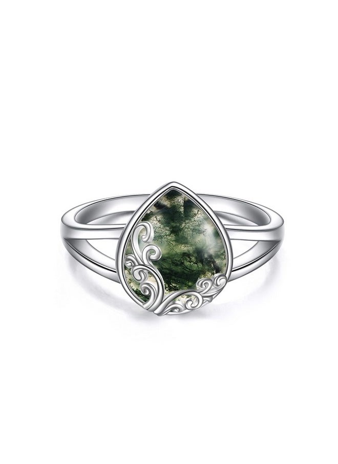 POPLYKE - Moss Agate Filigree Band Ring Sterling Silver Gemstone Stones Jewelry Gift For Women 8 Size - Image 1