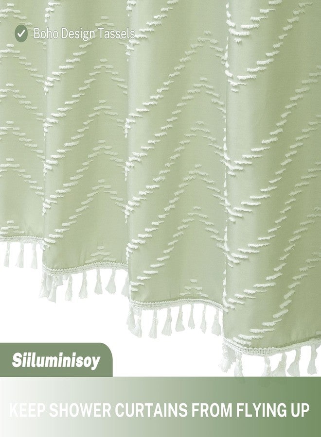 Siiluminisoy Boho Shower Curtain with White Tassel Woven Fabric Sage Green Shower Curtain 72 x 72 Modern Farmhouse Textured Tufted Chevron Striped Minimalist Bathroom Shower Curtain - Image 3