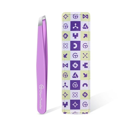 GlamTweeler Expert Slant Tip Tweezers with Leather Case GlamTweeler Sharp Precision Stainless Steel Tweezer for Eyebrows Facial Hair and Fine Hairs Removal Violet - Image 1