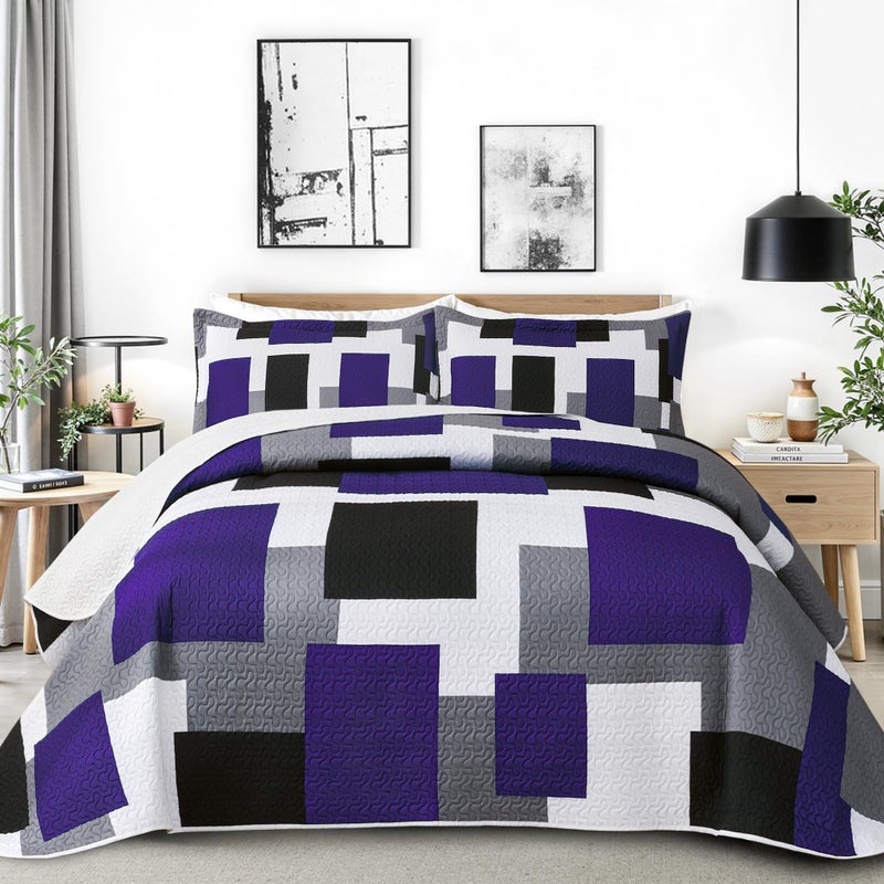 Tyrot 3 Piece Dark Purple Grey Quilt Set Full/Queen Size Black White Geometric Reversible Bedding Set Microfiber Lightweight Bedspread Coverlet with 2 Shams Modern Bed Covers for All Season, 90''x96'' - Image 1