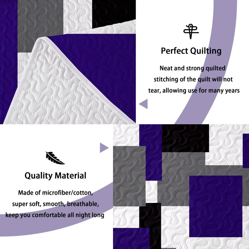 Tyrot 3 Piece Dark Purple Grey Quilt Set Full/Queen Size Black White Geometric Reversible Bedding Set Microfiber Lightweight Bedspread Coverlet with 2 Shams Modern Bed Covers for All Season, 90''x96'' - Image 4