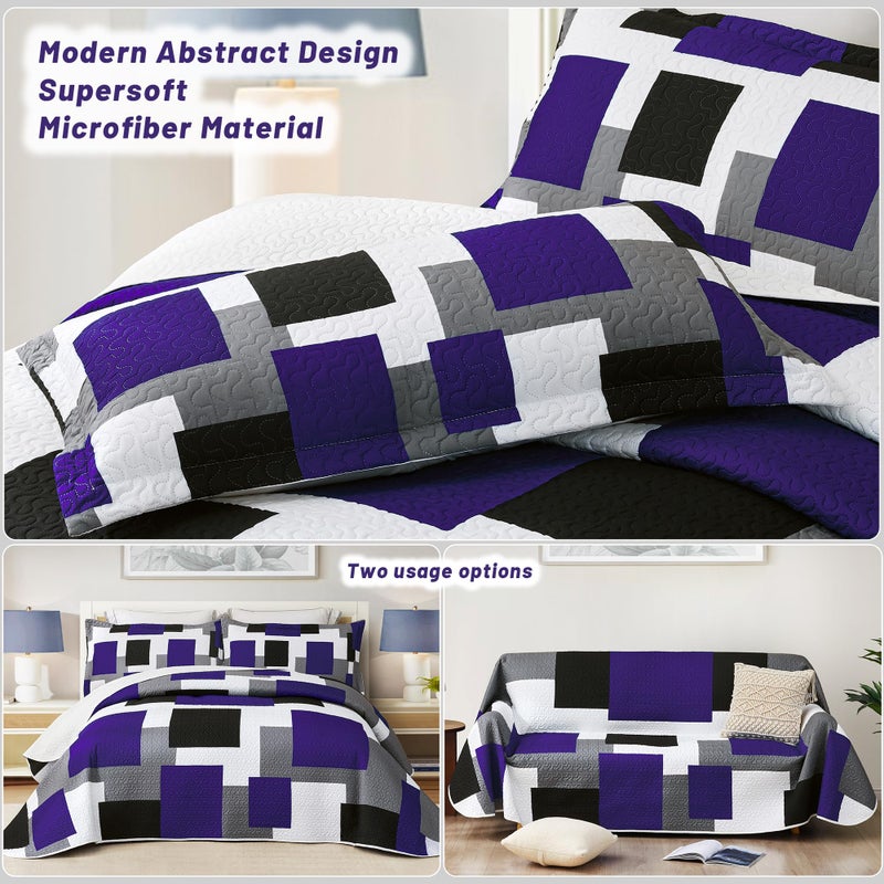 Tyrot 3 Piece Dark Purple Grey Quilt Set Full/Queen Size Black White Geometric Reversible Bedding Set Microfiber Lightweight Bedspread Coverlet with 2 Shams Modern Bed Covers for All Season, 90''x96'' - Image 3