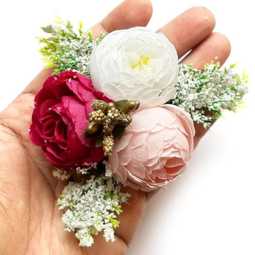 ADIKALA Set of 6 Handmade Artificial Peonies Flower Bunch for Hamper, Flower Brooch Hamper for Decoration, Gifting, Trousseau Packing | Flower Bunch (Rani) - Image 1