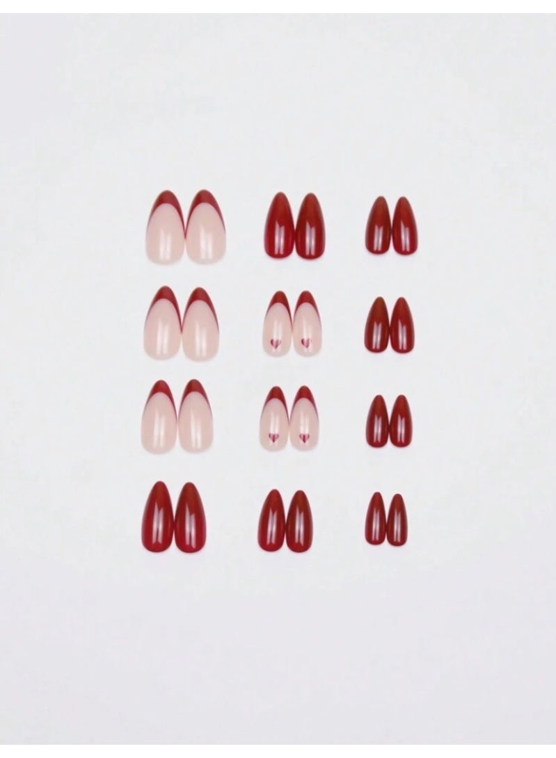 Tuline 24pcs Almond Shaped Nail Stickers Set, Romantic Red French Style With Heart Pattern - Image 2