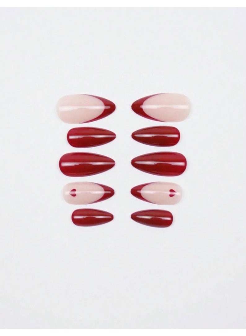 Tuline 24pcs Almond Shaped Nail Stickers Set, Romantic Red French Style With Heart Pattern - Image 3