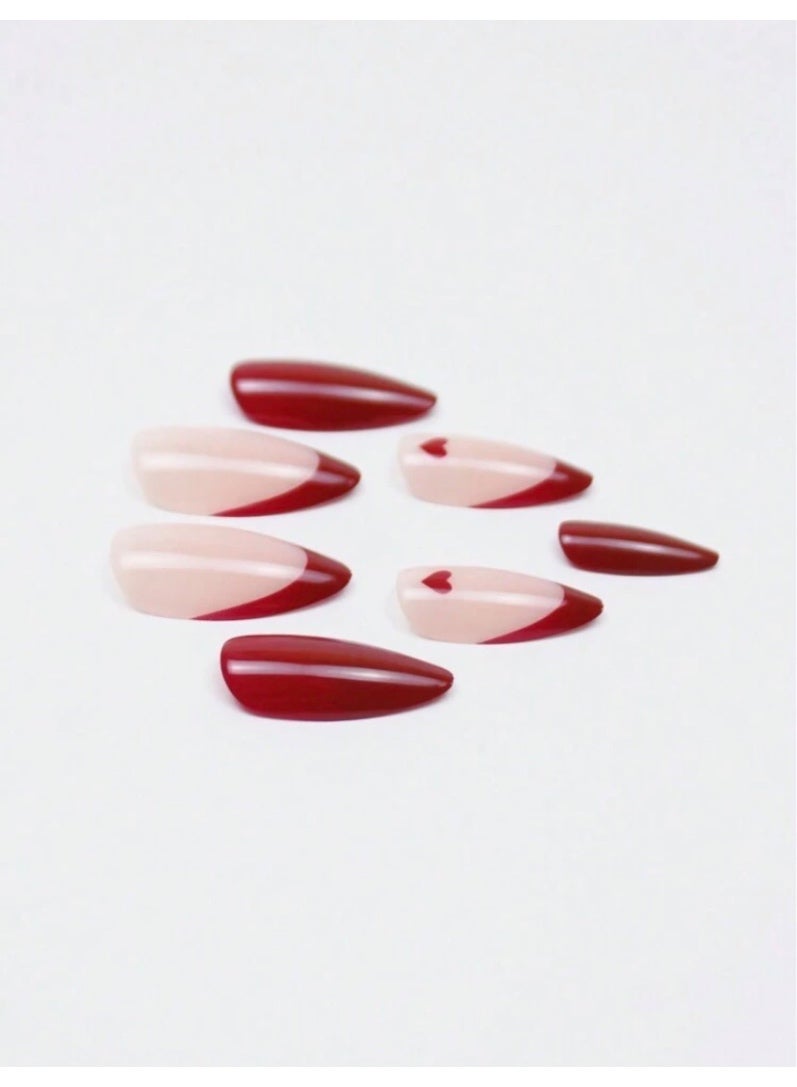 Tuline 24pcs Almond Shaped Nail Stickers Set, Romantic Red French Style With Heart Pattern - Image 4