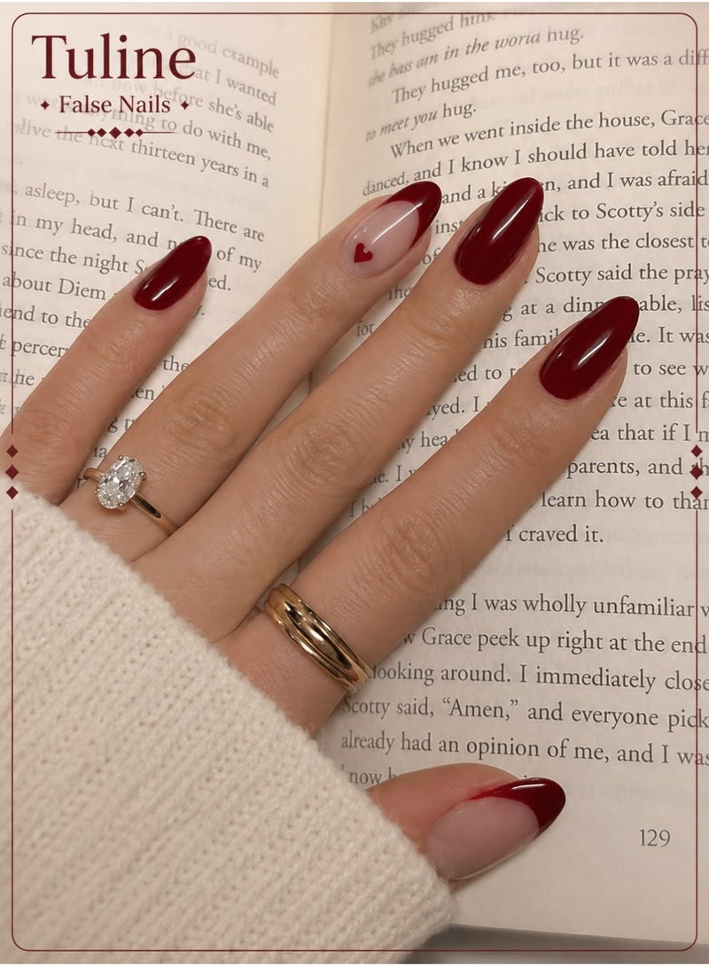 Tuline 24pcs Almond Shaped Nail Stickers Set, Romantic Red French Style With Heart Pattern - Image 1