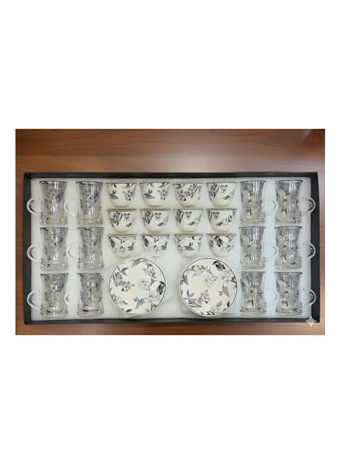 36-Piece Tea & Coffee Serving Set – Glass Tea Cups, Porcelain Finjan Cups & Floral Saucers - Image 1