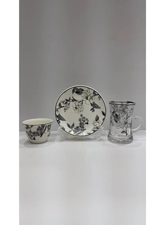 36-Piece Tea & Coffee Serving Set – Glass Tea Cups, Porcelain Finjan Cups & Floral Saucers - Image 2