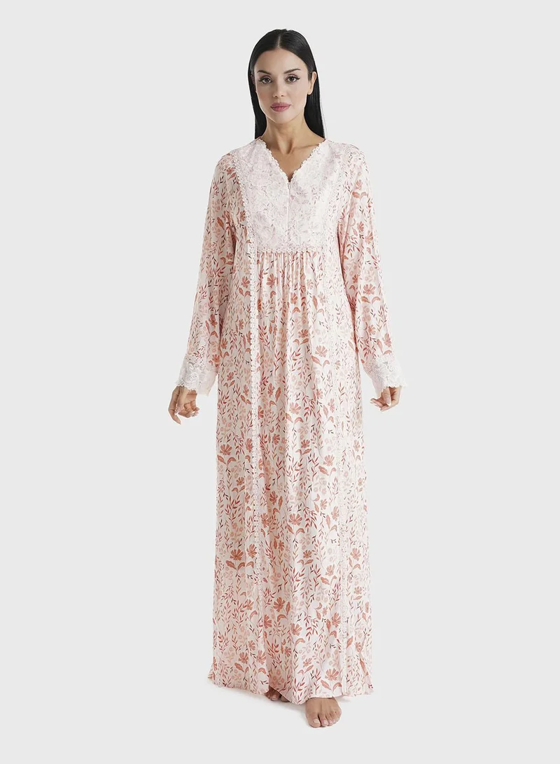 KASHKHA Baby Pink Floral Printed Rayon Lace Work Nightwear (REM3108)